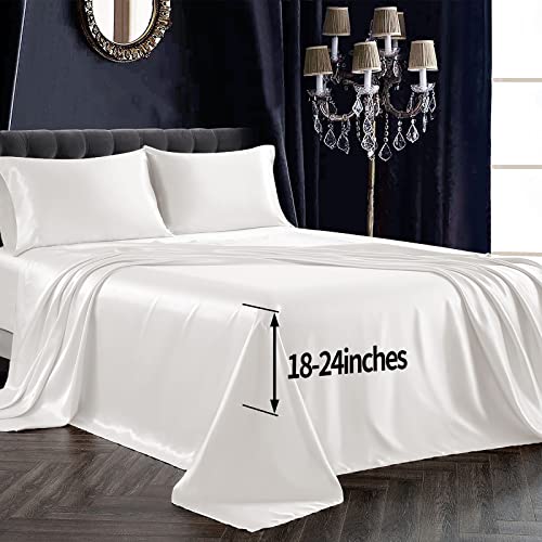 SiinvdaBZX 4Pcs Satin Sheet Extra Deep Pocket King Size, Ultra Silky Soft Ivory White Satin King Bed Sheets Deep Fitted Sheet Set Fits 18-24 Inch Deep Pocket Mattress
