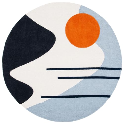 SAFAVIEH Geometric Rug for Living Room, Dining Room, Bedroom - Rodeo Drive Collection, Medium Pile, in Ivory and Blue, 122 X 122 cm