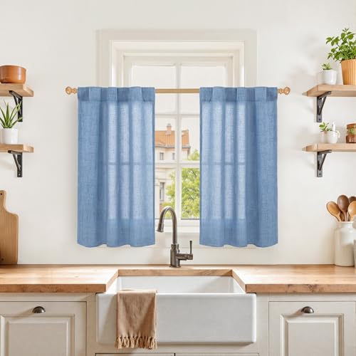 YoungsTex Denim Blue Linen Curtains 36 Inch Length for Kitchen Cafe Window, Small Half Window Drapes with Rod Pocket Back Tab Light Filtering for Bathroom, 2 Panels, 30 X 36 Inch