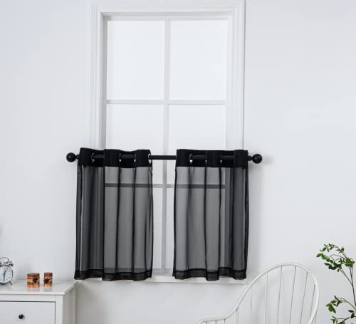 PI Black Sheer Tier Curtains 30 Inches Length with Grommet,Short Light Voile Half Window Curtain for Kitchen/Bathroom/Farmhouse/Basement 2 Panels (Black,W42XL30)