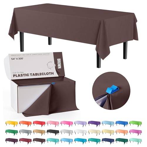 Exquisite Party Solids 54 Inch X 300 Feet Brown Plastic Table Cover Roll in A Cut - to - Size Box with Convenient Slide Cutter. Cuts Up to 36 Rectangle 8 Feet Plastic Tablecloths