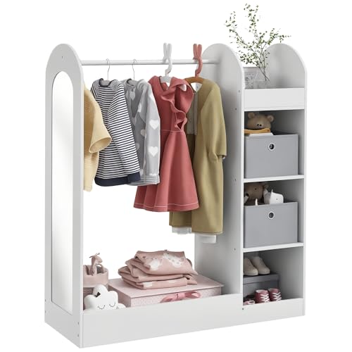 AIYAPLAY Kids Clothes Rail, Children Dress Up Storage with Storage Shelf, Boxes, Mirror, Kids Wardrobe for Bedroom, Nursery, White