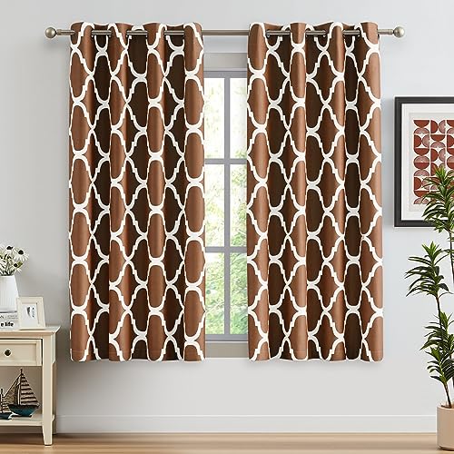Melodieux Moroccan Printed Room Darkening Blackout Grommet Curtains for Bedroom Living Room Small Windows, 52 by 45 Inch, Brown (2 Panels)