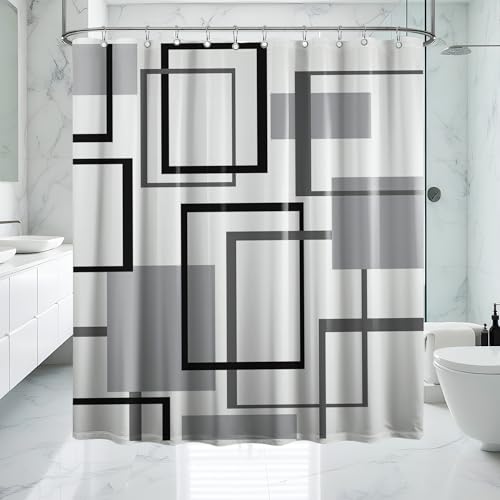 Yieldeer Black and Grey Shower Curtain Geometric Grey and White Shower Curtains for Mens Bathroom Decor Bath Curtain Set, Waterproof Cloth Fabric with Hooks 60 x 72 Inch
