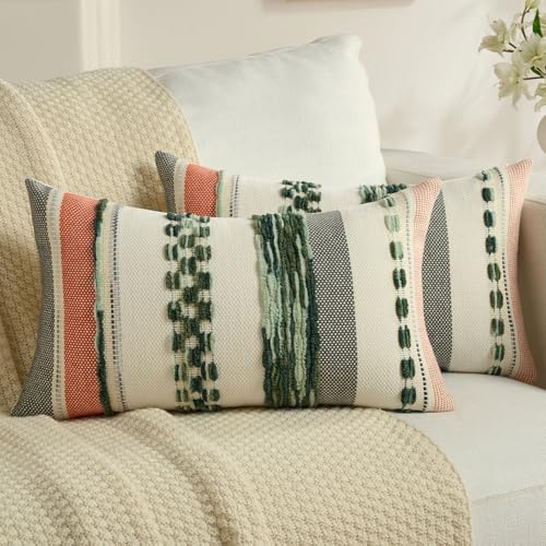 FUTEI Sage Olive Dark Green Boho Throw Pillow Covers 12x20 Inch Set of 2, Modern Tufted Striped Textured Accent Pillow Case,Farmhouse Pillows for Couch Bed