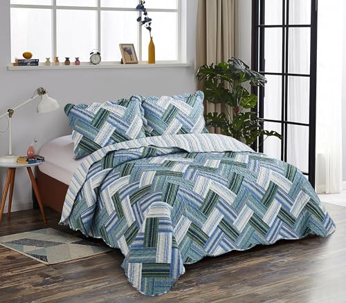 "Brilliant Sunshine Teal Stripes Herringbone Patchwork Quilt, Queen Size - Reversible Bedspread, Soft Lightweight Coverlet with Shams, Washable Bedding Set, All Seasons, 90""x90"""