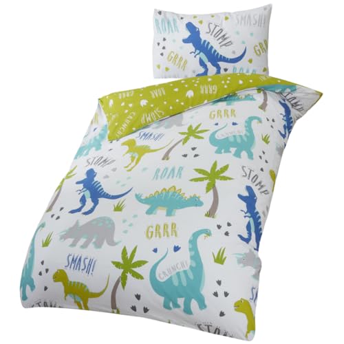 Rapport Roarsome Dinosaur Reversible Duvet Cover Set for Kids - Vibrant Dino World Bedding - Soft Cotton Blend Toddler Size, White, Green, Blue