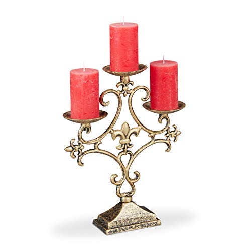 Relaxdays Candle Holder, 3-Armed, for Tealight and Pillar Candles, Vintage, Cast Iron, HxWxD: 28.5 x 23 x 7.5 cm, Gold
