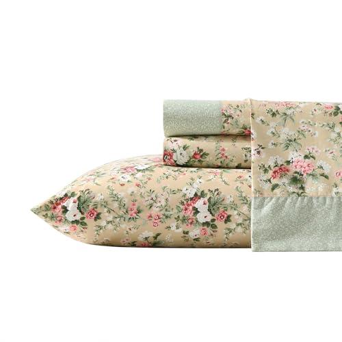 Laura Ashley - Full Sheet Set, Breathable Percale Cotton Bedding with Deep Pockets, Chic Home Decor, Oeko-Tex Certified (Serene Dream Brown, Full)