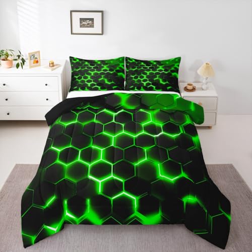 Erosebridal Geometric Comforter Set King Size,Teen Boys Green Black Neon Light Honeycomb Bedding Sets,Hexagon Comforter Modern Fashion Quilted Duvet 2 Pillow Cases Home Room Decor