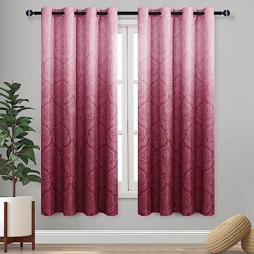 DWCN Ombre Room Darkening Blackout Curtains for Bedroom - 52 x 63 Inches Long, Luxury Damask Patterned Grommet Drapes for Living Room, Set of 2 Gradient Window Curtain Panels, Burgundy Red
