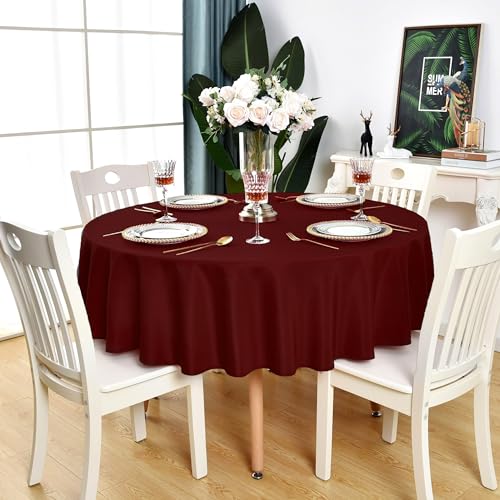 KAIPHO Burgundy Round Tablecloth - Waterproof Stain Resistant Wrinkle Free Table Cloth, 210GSM Polyester Washable Wipeable Table Cover for Party, Banquet, Wedding, Indoor and Outdoor(60 inch, Circle)