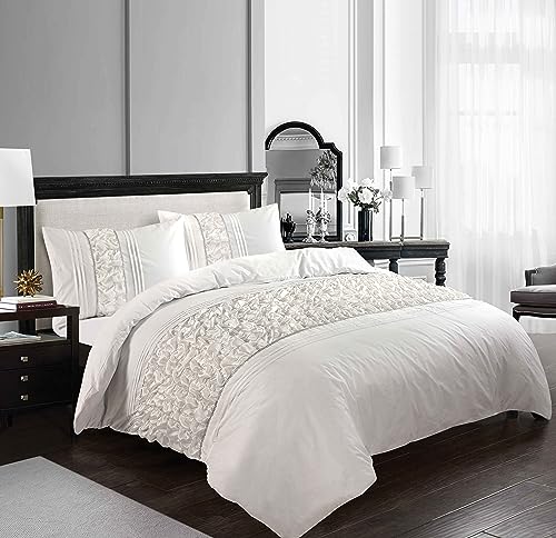 Kampala Hill Aurora Crinkle Panel Duvet Cover Set Diamonte Detail Bedding White - Double