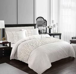 Kampala Hill Aurora Crinkle Panel Duvet Cover Set Diamonte Detail Bedding White - Double