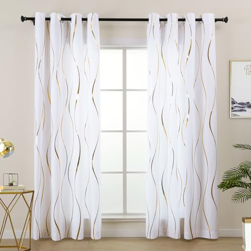 L.Z.E Gold White Privacy Curtains 90 Inches Long 2 Panels Set, Light Filtering Non-See-Through Curtains & Drapes for Living Room Bedroom Nursery, Funky Wave Pattern Grommet Top Window Treatment