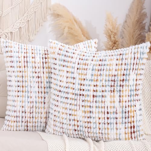 LUOYEHK Boho Throw Pillow Covers 24x24 Inch Set of 2 Chenille Tufted Pillowcase Farmhouse Neutral Cushion Covers for Couch Sofa Bed Living Room, Orange White