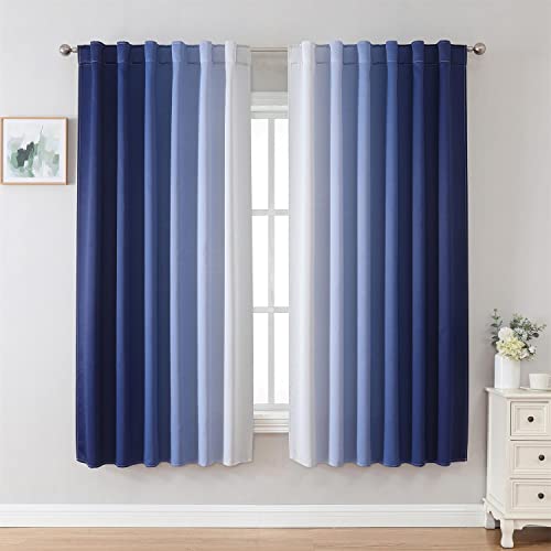 MIUCO Blackout Curtains & Drapes for Bedroom Living Room 63 Inch Length Navy Blue and White Room Darkening Ombre Curtains Rod Pocket & Back Tab Curtains Thermal Insulated Light Blocking 2 Panels Set