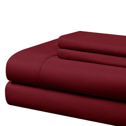 Cathay Home Essentials Ultra Soft Hypoallergenic Wrinkle Resistant Double Brushed Microfiber Bedding Sheet Set, Burgundy, Full