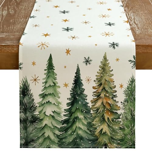 GEEORY Christmas Table Runner 13x72 Inch, Xmas Tees Snowflakes Holiday Decorative Farmhouse Table Decoration for Kitchen Dinning, Indoor Outdoor Dinner Party Decor (Light Green) GT166-72