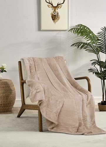 Miracle Home. Fleece Blanket Reversible Microfiber Pyrite Flannel Velvet Sherpa 260GSM-180GSM, Soft, Warm and Lightweight, Machine Washable, 130 X 160 Beige