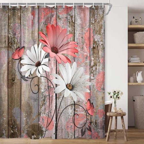 JAWO Farmhouse Flower Floral Shower Curtain, Rustic Red Daisy Shower Curtain Set, Country Red Wild Garden Plant Fabric Shower Curtain with Hooks, Brown Wooden Board Bathroom Curtain, 69x70inch