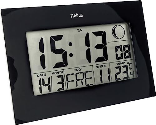 Mebus Funkwanduhr, Funk-Tisch-Uhr, zwei Weckzeiten mit Weckwiederholung, Innenthermometer, Kalender, Zeitzonen-Einstellung, Mondphase, Farbe: Black, Model: 46732