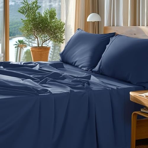 "SONORO KATE 1000 Series 100% Egyptian Cotton King Sheet Set,4 Pieces - Soft,Breathable Long Staple,Sateen Weave,Luxury 5-Star Hotel Bed Sheets,16"" Deep Pocket,Navy Blue"