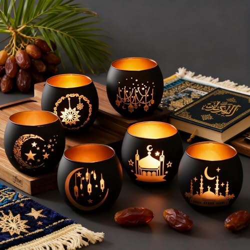 SHMILMH Ramadan Table Decor, Ramadan Mubarak Decoration, Glass Votive Tealight Candle Holders, Eid Decorations for Home Gift