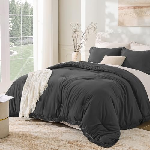 Andency Comforter Queen Dark Grey, 3 Pieces Boho Winter Bedding - Lightweight Comforter Sets, All Season Tassel Bed Set (1 Comforter 90x90 & 2 Pillowcases)