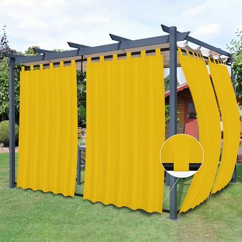 Easy-Going Outdoor Patio Curtains Detachable Tab Top Windproof Weatherproof Curtain for Cabana, Porch, Pergola and Gazebo, Tab Bottom Drape, 2 Panels, 54W x 120L inch, Yellow
