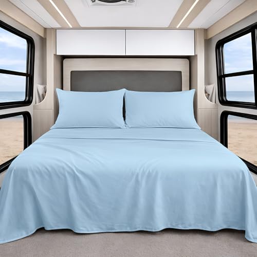 Shreem Linen Microfiber RV Sheet Sets, 28x75 Bunk, Light Blue Solid, Bed Sheets for Campers, RV's & Travel Trailers Easy Fit Mattress up to 10 Inch Deep Pockets - Fitted RV Sheets