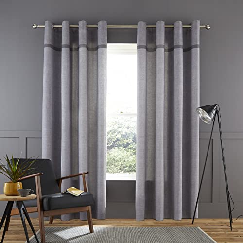 Catherine Lansfield Melville Woven Texture Cotton 46x54 Inch Eyelet Unlined Curtains Two Panels Grey