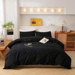 ECOCOTT 3 Pieces Duvet Cover Set Queen 100% Washed Cotton 1 Duvet Cover with Zipper and 2 Pillowcases, Ultra Soft and Easy Care Breathable Cozy Simple Style Bedding Set (Black,Queen)