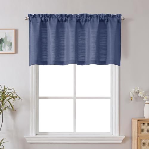 Chyhomenyc Blue Short Curtain Valance for Windows, Faux Linen Textured Burlap HLF Window Curtains, Small Bathroom Window Curtain Laundry Basement Valance, 60Wx24L Inch, 1 Piece