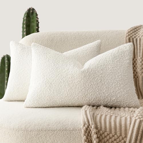 Foindtower Pack of 2 Textured Boucle Throw Pillow Covers Accent Solid Lumbar Cases Cozy Soft Decorative Couch Cushion Case for Chair Sofa Home Decor, 12 x 20 Inch, White (TBPC-White-12 * 20)