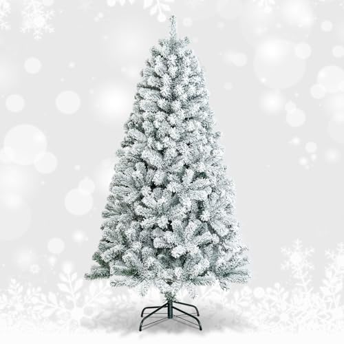 GiantexUK 6FT/7.5FT Snow Flocked Christmas Tree, Artificial Hinged Xmas Tree with Branch Tips, PVC Needles & Foldable Metal Stand, 3-section Festival Party Home Decoration (180 cm)