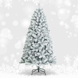 GiantexUK 6FT/7.5FT Snow Flocked Christmas Tree, Artificial Hinged Xmas Tree with Branch Tips, PVC Needles & Foldable Metal Stand, 3-section Festival Party Home Decoration (180 cm)