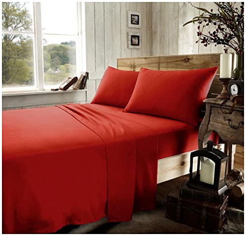 GC GAVENO CAVAILIA Brushed Cotton Bed Sheets, Flannelette Fitted Sheet With Pillowcases, Plain Flat Sheet Double, Red