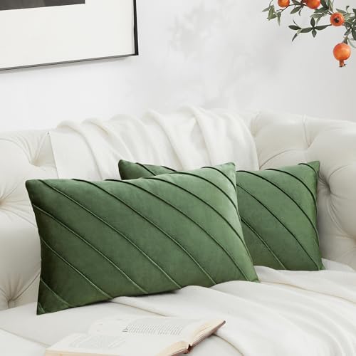 GIGIZAZA Decorative Velvet Pillow Covers 12x20, Set of 2 Olive Green Sofa Couch Lumbar Throw Pillows Covers Cases, Living Room Square Cushion Accent Stripe Covers