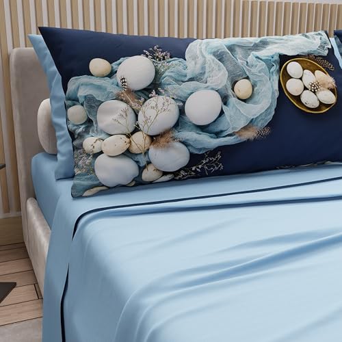 PETTI Artigiani Italiani - Easter Cotton Sheets with Pillowcases in Digital Print, Double Bed Sheets, Easter Bed Set, Queen Size, 18 Light Blue, Made in Italy