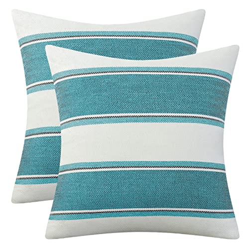 AmHoo Pack of 2 Farmhouse Linen Throw Pillow Cover Cushion Stripe Decoration Buffalo Retro Pillowcase with Hidden Zipper for Sofa Bedroom Car 22 x 22 Inch Teal
