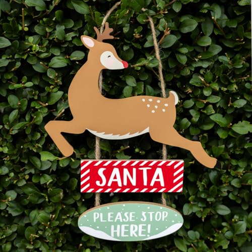 Talking Tables Santa Stop Here Hanging Wooden Sign Featuring Rudolph the Reindeer - Reusable Christmas Decorations For Kids - Made Add some Xmas cheer to your home -30cm tall