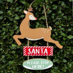 Talking Tables Santa Stop Here Hanging Wooden Sign Featuring Rudolph the Reindeer - Reusable Christmas Decorations For Kids - Made Add some Xmas cheer to your home -30cm tall