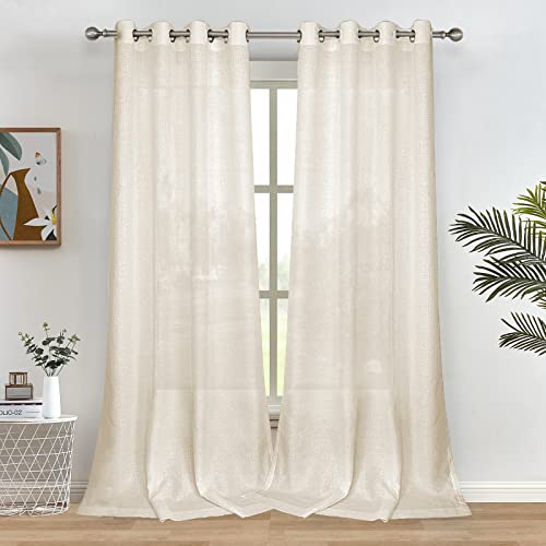 Melodieux Natural Beige Semi Sheer Curtains 84 Inches Long for Living Room Bedroom Flax Linen Grommet Voile Drapes, 52 by 84 Inch (2 Panels)