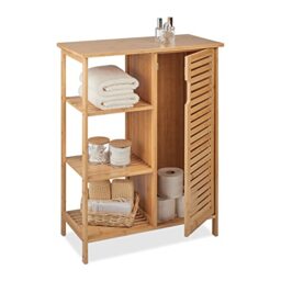 Relaxdays Bamboo Bathroom Cabinet, 3 Open Shelves & Cupboard Compartment, HxWxD: 87.5 x 67 x 33 cm, Standing Shelf, Wood, 87.5x67x33 cm