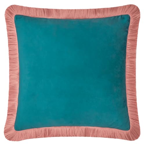 furn. Halo Fringed Velvet Cushion Cover (Teal/Blush - 50x50cm) - Soft Colour Block Contrasting Trim Luxury Decorative Case