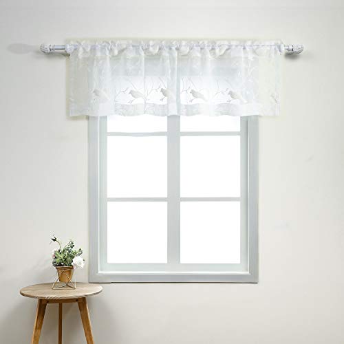 VOGOL White Sheer Valance Curtains, Elegant Birds Embroidered Lightweight Window Valance for Office, Small Rod Pocket Breathable Voile Curtain Panels for Kitchen Bathroom, 60Wx18L, 1 Piece