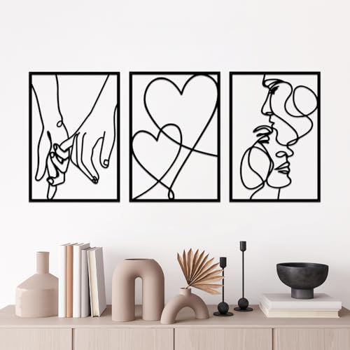 ESTART 3 Pieces Metal Minimalist Line Wall Art, Valentine's Day Lover Kiss Hand Metal Wall Decor, Aesthetic Modern Home Hanging Wall Art Decor for Bedroom Bathroom Living Room (Black)