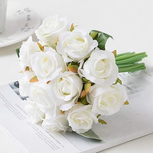 Aiinoo 12pcs Artificial Roses Single Stem Fake Silk Flower Arrangement Bouquet Real Touch for Home Party Wedding Decoration (White)