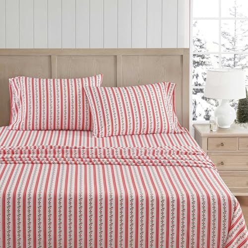 Martha Stewart - Twin Size Sheets Set, Crisp & Tailored Cooling Sheets w/a Naturally Smooth Cotton Percale Lightweight Feel - Bed Sheets with Matching Pillowcase & Fitted Sheet (Rose Ribbon Red)